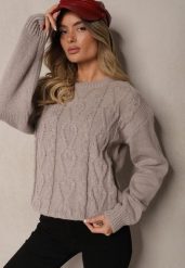 Szary Sweter z Wełną Ozdobnym Splotem i Ściągaczem Nariae. Szare swetry klasyczne damskie Renee, uniwersalny, z jeansu, bez kołnierzyka. Za 54.99 zł.