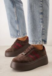 Brązowe Zamszowe Sneakersy na Grubej Podeszwie z Paskami Arathyra. Brązowe obuwie sportowe damskie Born2be, z jeansu, bez zapięcia. Za 219.99 zł.