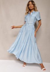 Niebieska Rozkloszowana Sukienka z Paskiem w Talii Vimalise. Niebieskie sukienki damskie Renee, bez wzorów, eleganckie, bez ramiączek. W wyprzedaży za 135.99 zł.
