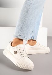 Beżowe Skórzane Sneakersy na Grubej Podeszwie z Metaliczną Aplikacją Dolarisa. Brązowe obuwie sportowe damskie Born2be, z jeansu, bez zapięcia. Za 169.99 zł.
