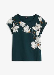 Koszulka. Zielone bluzki damskie bonprix, bez wzorów, eleganckie, bez kołnierzyka, bez ramiączek. Za 69.99 zł.