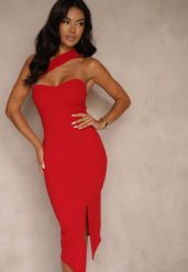 Czerwona Koktajlowa Sukienka Typu Bodycon o Asymetrycznym Kroju Haliannea. Czerwone sukienki damskie Renee, bez wzorów, wizytowe, bez ramiączek. Za 74.99 zł.