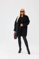 Czarny damski płaszcz Isabella z tkaniny bukla - elegancja i komfort PLUS SIZE XXL OVERSIZE JESIEŃ. Czarne płaszcze damskie Moda Size Plus Iwanek, na jesień, l, bez wzorów, z poliesteru, bez kaptura. Za 559.90 zł.