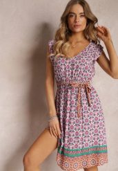Różowa Wiskozowa Sukienka Mini z Falbanką i Gumką w Talii Ridholi. Czerwone sukienki damskie Renee, bez wzorów, z materiału, bez ramiączek. W wyprzedaży za 43.99 zł.