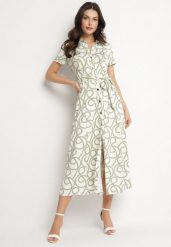 Zielona Koszulowa Sukienka z Wiskozą w Geometryczny Wzór Sarilissa. Zielone sukienki damskie Born2be, bez wzorów, z jeansu, eleganckie, bez ramiączek. Za 199.99 zł.