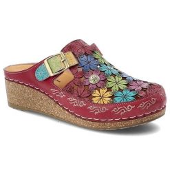 Klapki damskie Laura Vita, na koturnie kolorowy wzór kwiatowy regulowany pasek wygodna podeszwa casualowy styl, czerwone, 01 AJ180B-1. Czerwone klapki damskie LAURA VITA, bez wzorów, bez obcasa, na koturnie, bez zapięcia. Za 339.00 zł.