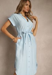 Niebieska Koszulowa Rozkloszowana Sukienka z Wiskozy z Paskiem Katilene. Niebieskie sukienki damskie Renee, bez wzorów, z wiskozy, eleganckie, bez ramiączek. W wyprzedaży za 68.99 zł.