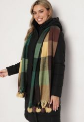 Zielony Prostokątny Szalik z Kolorowymi Pomponami Komo. Zielone szaliki damskie Born2be, bez wzorów, z bawełny. Za 44.99 zł.