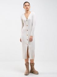 BIG STAR Sukienka w kolorze kremowym rozmiar: L. Brązowe sukienki damskie Big Star, bez wzorów, prążkowane, retro, bez ramiączek. Za 144.99 zł.