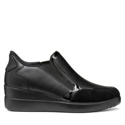 Półbuty Geox. Czarne czółenka damskie Geox, bez wzorów, bez obcasa, na koturnie. Za 449.99 zł.