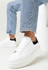 Białe Wiązane Sneakersy na Grubej Platformie z Cholewką przed Kostkę Auture. Białe obuwie sportowe damskie Born2be, przed kostkę, bez zapięcia. Za 39.99 zł.
