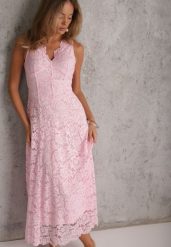 Różowa Rozkloszowana Sukienka z Koronki z Taliowaną Gorsetową Górą Apadina. Czerwone sukienki damskie Renee, bez wzorów, z koronki, eleganckie, bez ramiączek. Za 199.99 zł.