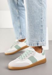Biało-Zielone Sneakersy Retro w Stylu Klasycznych Tenisówek Tanonea. Białe obuwie sportowe damskie Born2be, z jeansu, bez zapięcia, tenisowe. Za 79.99 zł.