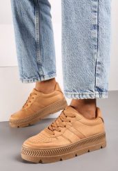 Ciemnobeżowe Sneakersy z Perforacją na Żłobionej Podeszwie Riparian Rights. Brązowe obuwie sportowe damskie Renee, na jesień, przed kostkę, bez zapięcia. Za 69.99 zł.