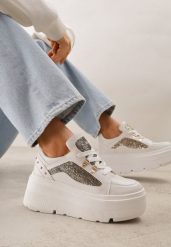 Białe Sneakersy VICES na Koturnie z Brokatowymi Wstawkami Morinatea. Białe obuwie sportowe damskie Renee, na lato, z jeansu, bez zapięcia. Za 119.99 zł.