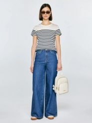 Koszulka damska w paski granatowo-beżowa Norisa 403. Niebieskie koszulki damskie Big Star, l, bez wzorów, z dzianiny, bez kołnierzyka, bez ramiączek. Za 99.99 zł.