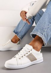 Biało-Złote Sneakersy Sznurowane Ozdobione Brokatem Vistasta. Białe obuwie sportowe damskie Renee, z materiału, bez zapięcia. Za 69.99 zł.