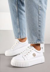 Białe Skórzane Sneakersy na Grubej Podeszwie z Metaliczną Aplikacją Dolarisa. Białe obuwie sportowe damskie Born2be, z jeansu, bez zapięcia. Za 189.99 zł.