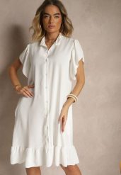 Biała Koszulowa Sukienka Ozdobiona Falbankami i Guzikami Tenelora. Białe sukienki damskie Renee, bez wzorów, eleganckie, bez ramiączek. W wyprzedaży za 47.99 zł.