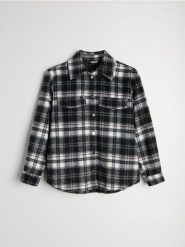 Kurtka w kratę w stylu flanelowym z domieszką wełny i wiskozy - czarny. Czarne kurtki damskie Sinsay, l, bez wzorów, z wełny, bez kaptura. Za 69.99 zł.