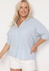 Jasnoniebieska Bawełniana Koszula z Krótkim Rękawem w Ozdobne Kropki Tinasenna. Niebieskie koszule damskie Born2be, plus size, bez wzorów, z bawełny, biznesowe, bez kołnierzyka, plus size, bez ramiączek. Za 79.99 zł.