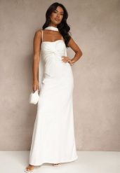 Biała Sukienka z Marszczeniem i Dodatkowym Szalem Zerona. Białe sukienki damskie Renee, bez wzorów, klasyczne, bez ramiączek. Za 139.99 zł.