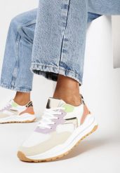 Beżowo-Fioletowe Sneakersy na Płaskiej Podeszwie z Ozdobnymi Wstawkami Aizra. Brązowe obuwie sportowe damskie Born2be, bez zapięcia. Za 54.99 zł.
