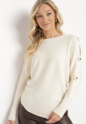 Beżowy Sweter z Wiskozą i Wycięciami przy Rękawach Evancia. Brązowe swetry klasyczne damskie Born2be, z jeansu, bez kołnierzyka. Za 84.99 zł.