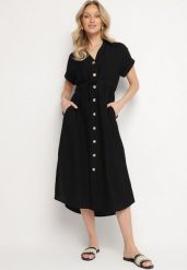 Czarna Sukienka Koszulowa z Wiskozy Wiązana w Pasie Florazi. Czarne sukienki damskie Born2be, bez wzorów, z wiskozy, eleganckie, bez ramiączek. Za 149.99 zł.