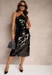 Czarna Cekinowa Sukienka o Asymetrycznym Fasonie z Ozdobnym Wiązaniem na Plecach Leriseli. Czarne sukienki damskie Renee, z aplikacjami, eleganckie, bez ramiączek. W wyprzedaży za 68.99 zł.