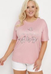 Jasnoróżowy T-shirt z Ozdobnym Nadrukiem i Cyrkoniami Moariss. Czerwone t-shirty damskie Born2be, l, z aplikacjami, z jeansu, bez kołnierzyka. Za 34.99 zł.