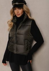 Ciemnozielona Klasyczna Kamizelka z Pikowanymi Przeszyciami i Stójką Zinnovea. Zielone kamizelki damskie Renee, l, bez wzorów, z jeansu, bez kaptura. Za 59.99 zł.