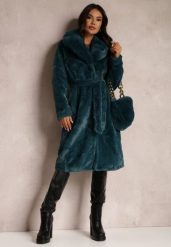 Ciemnozielony Płaszcz Futrzany Teddy z Wiązanym Paskiem i Torebką Voda. Zielone płaszcze damskie Renee, s, bez wzorów, z futra, bez kaptura. Za 349.99 zł.
