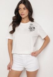 Biały T-shirt z Bawełny Zdobiony Nadrukiem z Cyrkoniami Telerea. Białe t-shirty damskie Born2be, l, z aplikacjami, z bawełny, bez kołnierzyka. Za 34.99 zł.