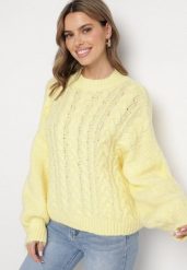 Żółty Sweter z Wełną Zdobiony Warkoczowym Splotem Lakkaria. Żółte swetry klasyczne damskie Born2be, z jeansu, bez kołnierzyka. Za 159.99 zł.