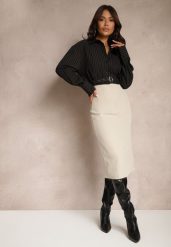 Beżowa Spódnica o Ołówkowym Kroju High Waist z Rozcięciem z Tyłu Liozia. Brązowe spódnice damskie Renee, m, bez wzorów, z jedwabiu, eleganckie, midi. Za 89.99 zł.