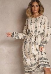 Jasnobeżowa Pudełkowa Sukienka Boho w Etniczne Wzory z Paskiem Lisalenea. Brązowe sukienki damskie Renee, bez wzorów, boho, bez ramiączek. W wyprzedaży za 83.99 zł.