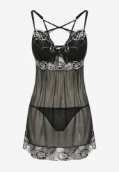 Czarna Koszula Nocna z Ozdobną Koronką i Stringami Ruscus. Czarne koszule nocne i halki Renee, bez wzorów, z koronki, bez ramiączek. Za 44.99 zł.