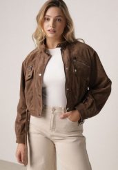 Brązowa Kurtka z Imitacji Zamszu w Stylu Utility z Suwakami i Paskiem Birasa. Brązowe kurtki damskie Born2be, l, bez wzorów, z jeansu, bez kaptura. Za 209.99 zł.