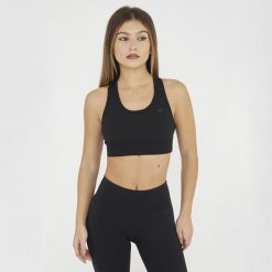 Crop top sportowy treningowy FEBE. Czarne biustonosze sportowe damskie LEGEA, bez wzorów, z materiału. W wyprzedaży za 84.50 zł.