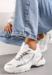Biało-Srebrne Sznurowane Sneakersy z Siateczką i Wycięciami Solenare. Białe obuwie sportowe damskie Renee, bez zapięcia. Za 99.99 zł.