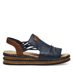 Sandały Rieker. Niebieskie sandały damskie Rieker, bez wzorów, bez obcasa, na koturnie, bez zapięcia. Za 319.99 zł.
