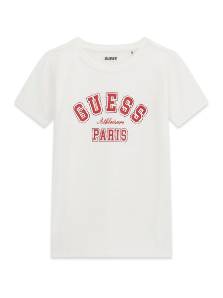 Guess T-Shirt J6RI41 J1314 Biały Regular Fit. Białe koszulki i t-shirty dziewczęce Guess, z aplikacjami, z bawełny, bez kołnierzyka, bez ramiączek. Za 119.99 zł.