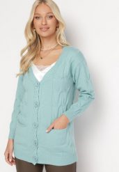 Miętowy Kardigan o Wydłużonym Fasonie z Ozdobnym Wzorem Dzianiny Gerwine. Zielone kardigany damskie Born2be, bez wzorów, z dzianiny. Za 89.99 zł.