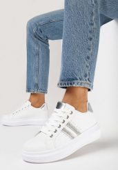 Biało-Srebrne Sneakersy na Grubej Podeszwie z Błyszczącymi Detalami z Cyrkoniami Elysiena. Białe obuwie sportowe damskie Born2be, z materiału, bez zapięcia. Za 79.99 zł.