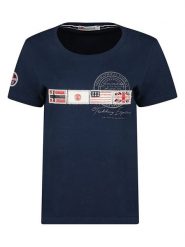 Geographical Norway Koszulka "Jorama" w kolorze granatowym rozmiar: S. Niebieskie bluzki damskie Geographical Norway, s, bez wzorów, z bawełny, bez kołnierzyka, bez ramiączek. Za 43.88 zł.