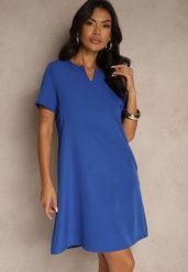 Granatowa Trapezowa Sukienka Mini z Krótkim Rękawem i Kieszeniami Vrea. Niebieskie sukienki damskie Renee, bez wzorów, eleganckie, bez ramiączek. W wyprzedaży za 75.99 zł.