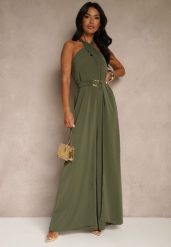 Zielony Kombinezon Koktajlowy Ozdobiony Paskiem z Metaliczną Klamrą Zermira. Zielone sukienki damskie Renee, bez wzorów, eleganckie, bez ramiączek. Za 179.99 zł.