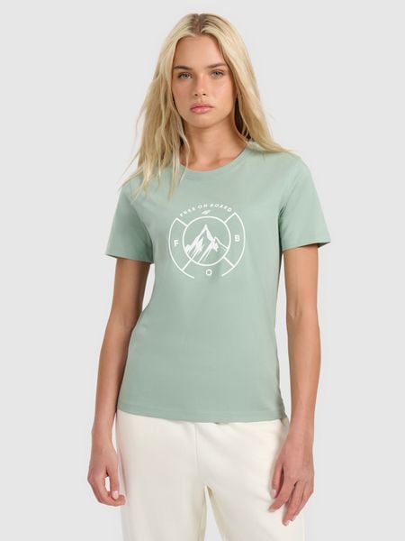 4F T-shirt regular z nadrukiem damski - zielony M. Zielone t-shirty damskie 4F, m, bez wzorów, z bawełny, bez kołnierzyka. Za 59.99 zł.