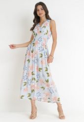 Jasnoniebieska Sukienka Maxi z Gumką w Pasie i Kopertowym Dekoltem w Kwiaty Shreya. Niebieskie sukienki damskie Born2be, bez wzorów, bez ramiączek. Za 49.99 zł.
